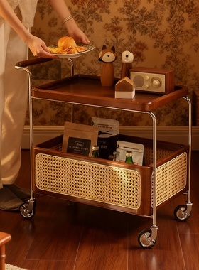 复古轻奢藤编多层移动收纳推车