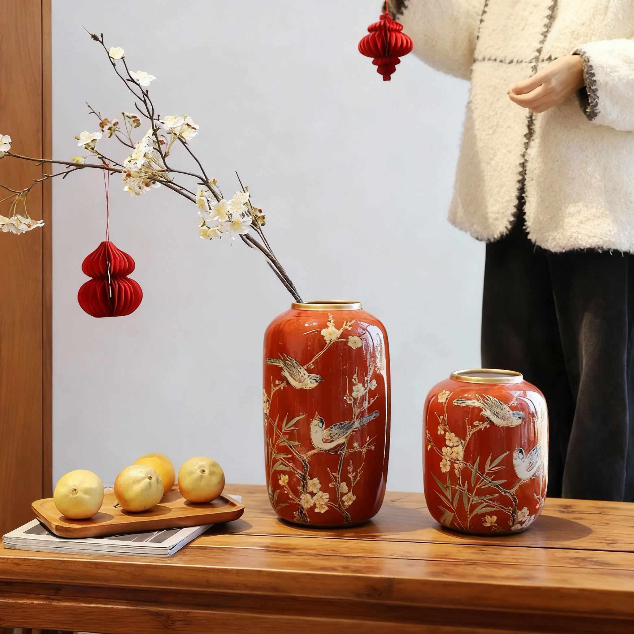 中国风陶瓷花瓶梅花喜鹊图案红色喜庆摆件家居装饰国学收藏,淘宝优惠券,粉丝福利购,淘宝优惠卷