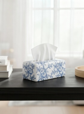 日式青花瓷花纹纸巾盒客厅茶几