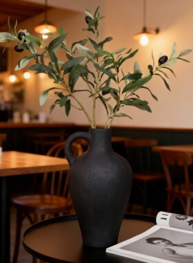 简约轻熟黑色陶瓷橄榄枝花瓶摆件