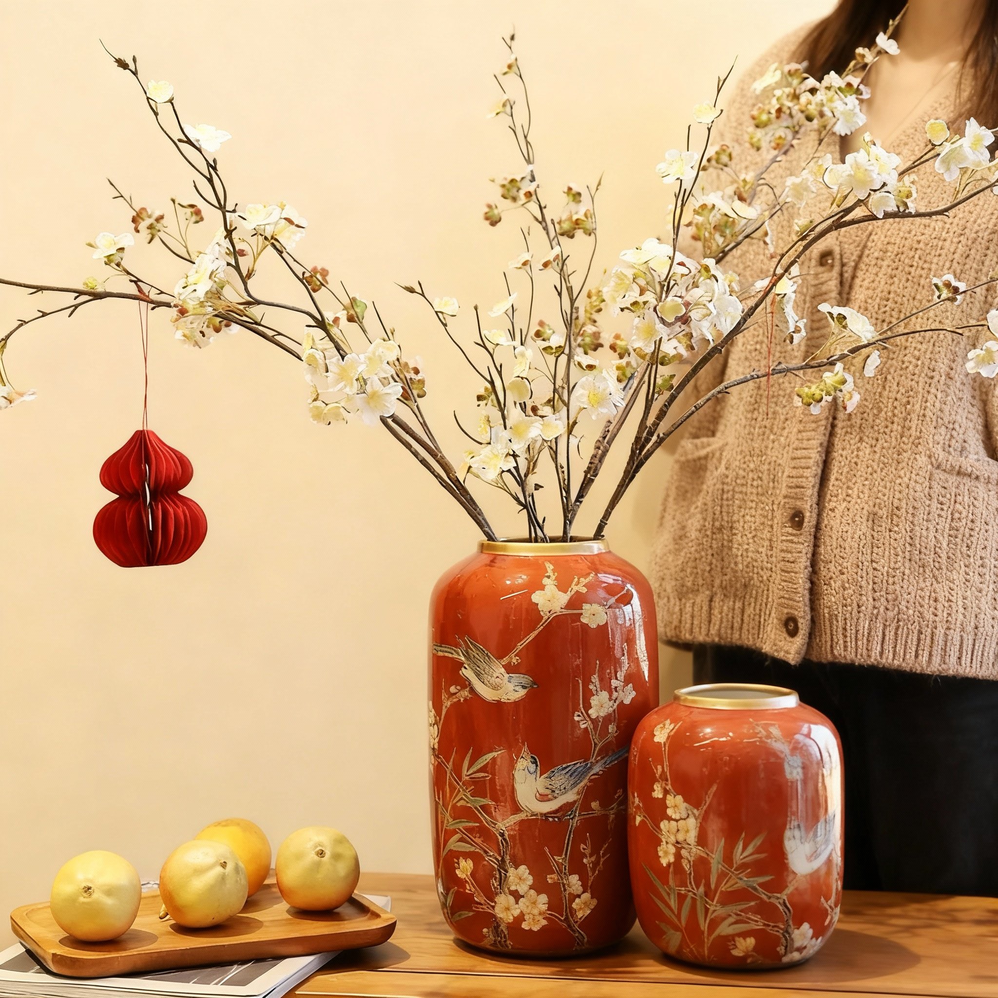 中国风陶瓷花瓶梅花喜鹊图案红色喜庆摆件家居装饰国学收藏,淘宝优惠券,粉丝福利购,淘宝优惠卷