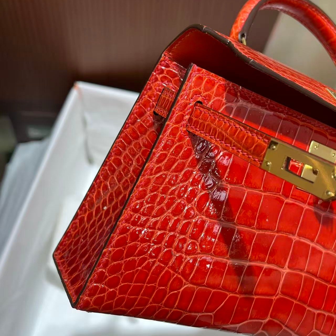 进口高光方块美洲鳄鱼皮mini迷你凯莉二代女士手提包单肩纯手工包,淘宝优惠券,粉丝福利购,淘宝优惠卷