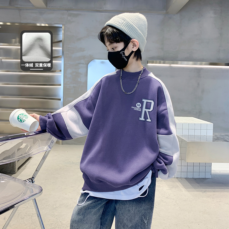 男童加绒卫衣秋冬款2025新款儿童冬装炸街加厚上衣大男孩冬季潮牌 - 图1