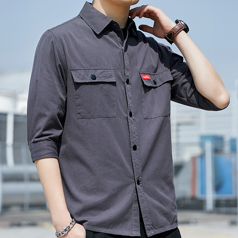 纯棉衬衫男七分袖长袖短袖全棉工装纯色宽松五分衬衣上班工作服潮 - 图0