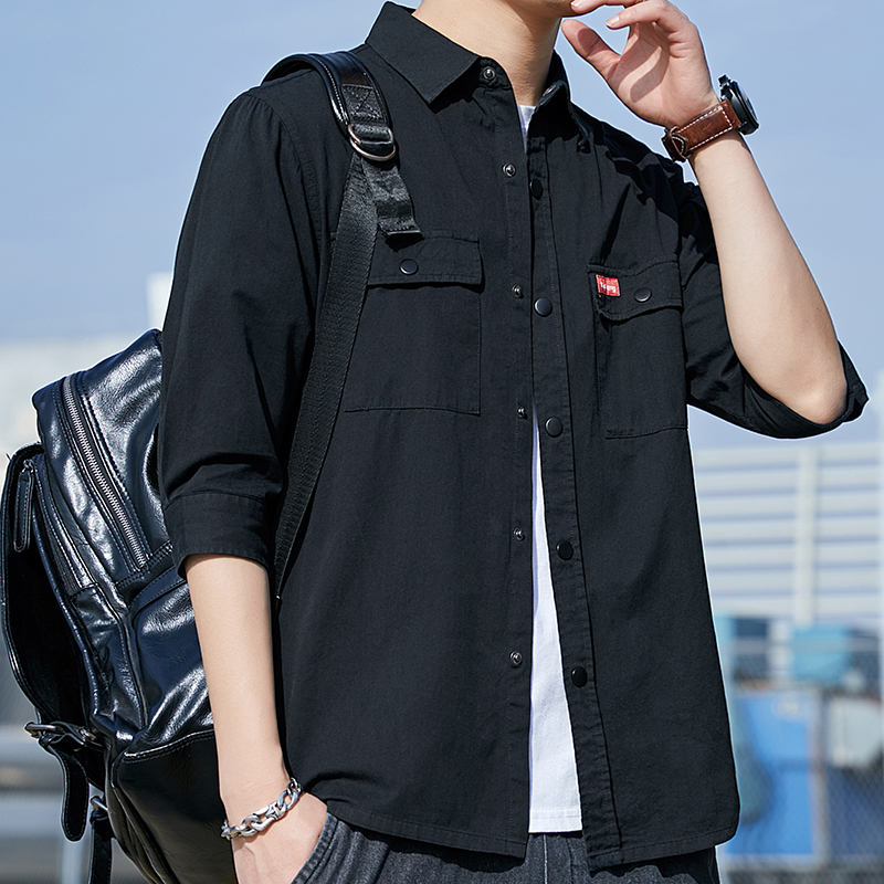 纯棉衬衫男七分袖长袖短袖全棉工装纯色宽松五分衬衣上班工作服潮 - 图2