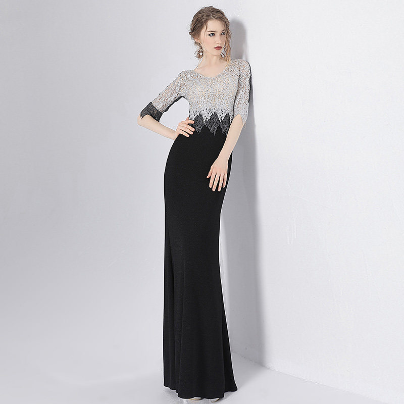 思朵高端大气质优雅时尚名媛晚宴年会主持蕾丝鱼尾黑色长款礼服裙