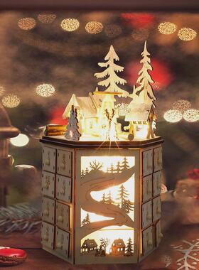 创意led旋转音乐24倒计时圣诞节日历家居抽屉日历木制圣诞摆件