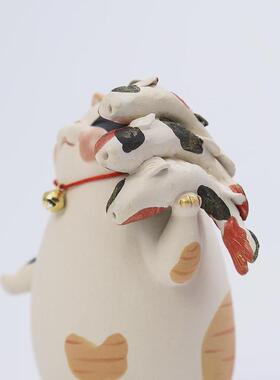 原创日式陶土年年有余萌猫咪居家桌面客厅车载小摆件乔迁节日礼物
