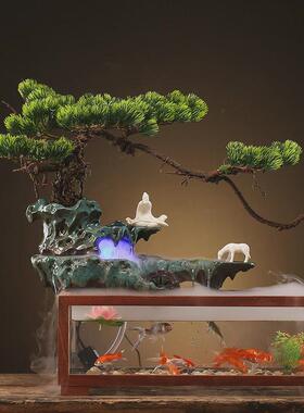 中式水景观循环流水加湿器桌面鱼缸办公室内客厅创意摆件开业礼品