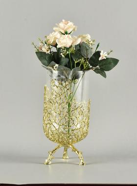 欧式金属玻璃花瓶摆件客厅干插花样板房餐桌花器创意轻奢桌面装饰