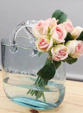 高级感包包透明玻璃网红花瓶创意手提摆件养鱼缸简约轻奢客厅插花