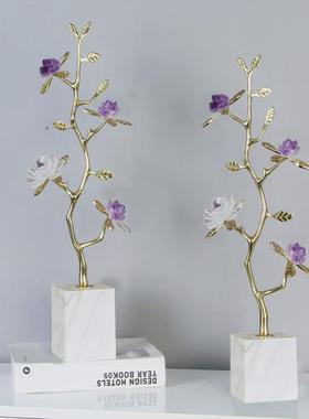 北欧现代轻奢金色黄铜树枝装饰品样板间客厅玄关装饰摆设水晶摆件