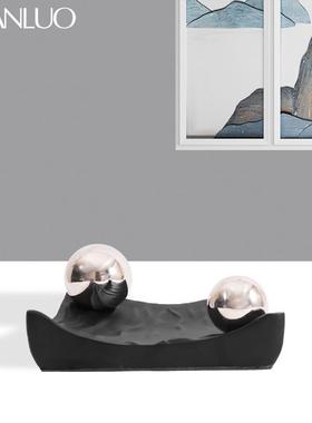 现代简约轻奢黑色银色金属球装饰托盘收纳酒店软装几何样板间摆件