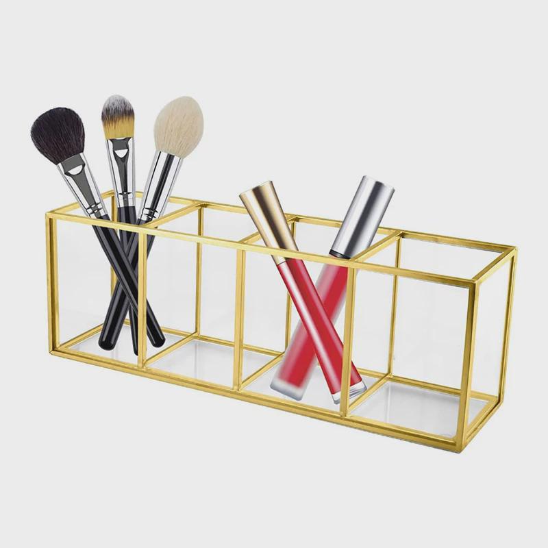 北欧风金色玻璃分格收纳盒透明化妆刷收纳桶桌面美妆收纳金色笔筒 - 图0