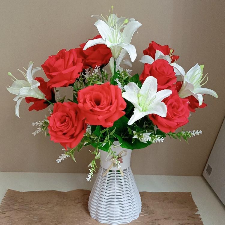 仿真花玫瑰百合花束花瓶套装室内客厅婚房餐厅茶几桌面装饰摆件 - 图2