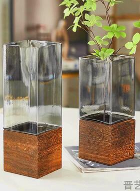 新款中式实木方口玻璃花瓶客厅装饰摆件鲜花餐桌办公家居插花瓶