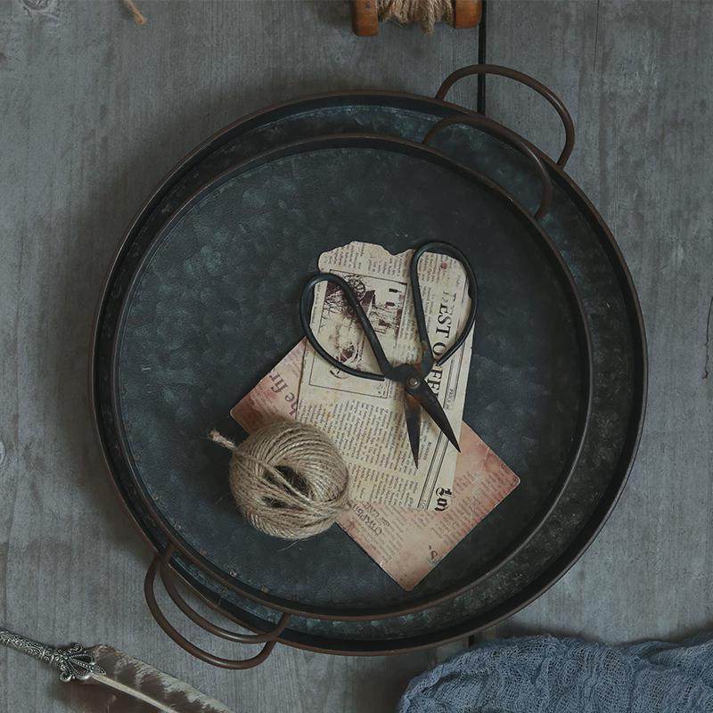 个性居做旧调性铁艺圆形双耳托盘欧式水果盘子美食摆盘摆拍,淘宝优惠券,粉丝福利购,淘宝优惠卷