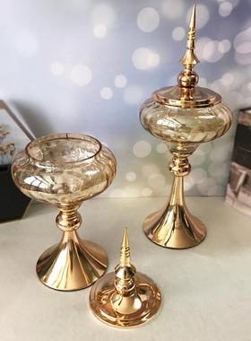 欧式玻璃糖果罐金属工艺品摆件客厅家居储物罐圆形创意装饰收纳瓶