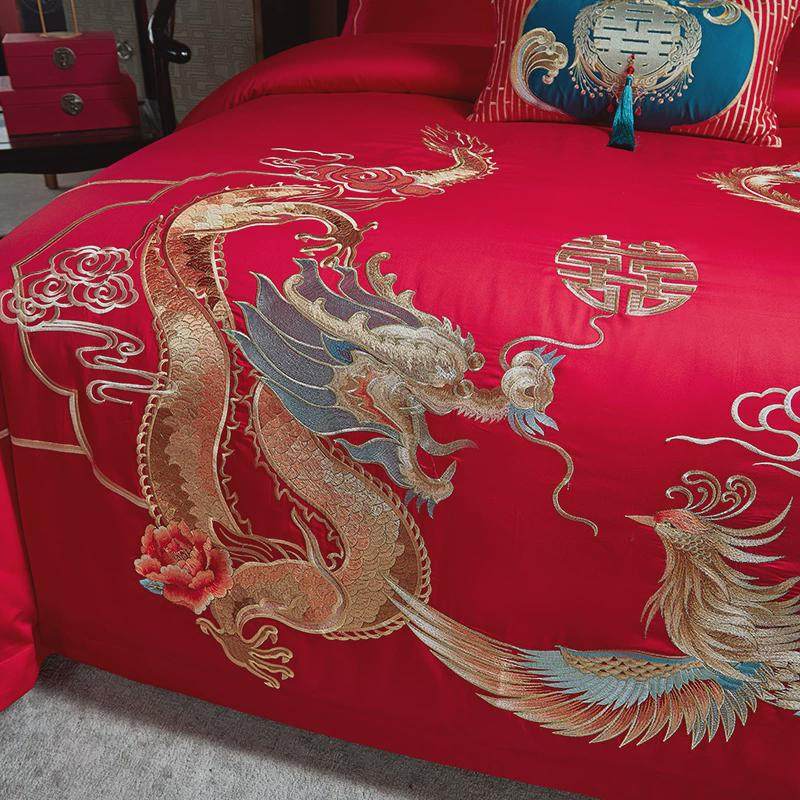 新中式大红色龙凤婚庆四六件套60支长绒棉纯棉被套结婚床上用品4,淘宝优惠券,粉丝福利购,淘宝优惠卷