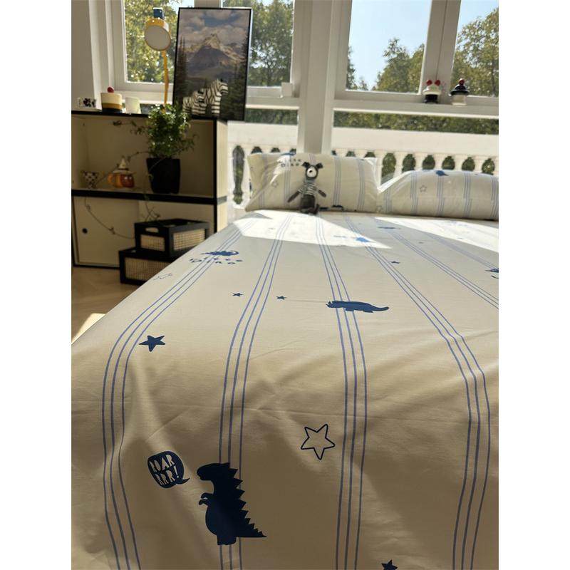 约蓝色条纹恐龙纯棉床笠床单单件1.35米保护套全棉床罩宿舍男生,淘宝优惠券,粉丝福利购,淘宝优惠卷