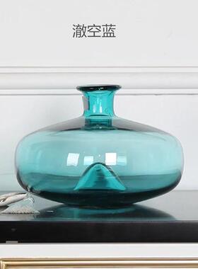 现代简约桌面圆形彩色插花玻璃花瓶客厅创意摆件扁圆花器摆件