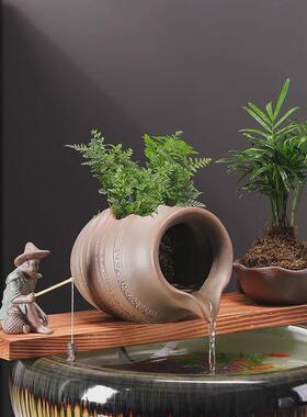 古法养鱼水循环过滤鱼池生态水缸流水摆件可种花开口景观陶罐造景
