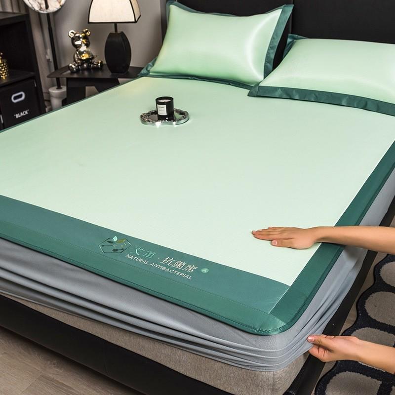 艾草凉席床笠款夏季冰丝席夏天冰藤席1米5草席子可折叠家用三件套 - 图2