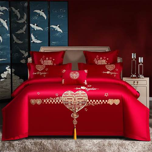 结婚四件套婚庆婚房喜被大红色龙凤刺绣被套被单婚礼床单床上用品 - 图1