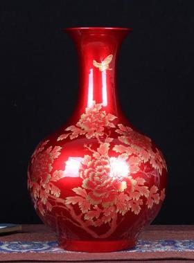陶瓷花瓶金丝牡丹红色大号水瓶现代时尚创意家饰品客厅摆件可装赏