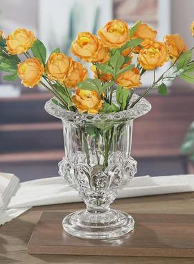 复古ins风创意浮雕高脚大花瓶透明玻璃插花鲜花轻奢餐桌客厅摆件
