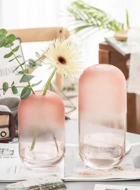 创意简约北欧ins风玻璃花瓶粉色磨砂样板间插花花器客厅装饰摆件