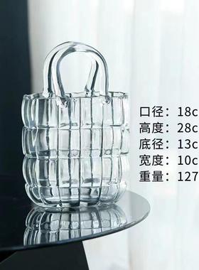 网红透明玻璃包包花瓶手提篮摆件创意轻奢客厅水养插花鱼缸装饰品