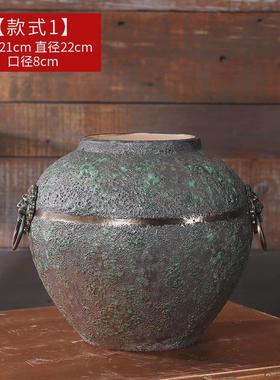 复古做旧陶罐花瓶陶瓷大号落地庭院水培多肉种植客厅装饰铜环摆件