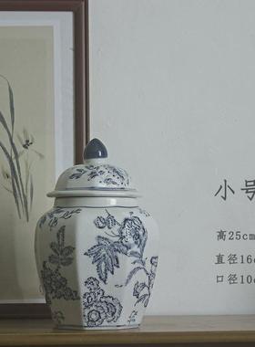 新中式手绘客厅罐青花陶瓷花瓶摆件八角玄关水培花器干花插花瓶