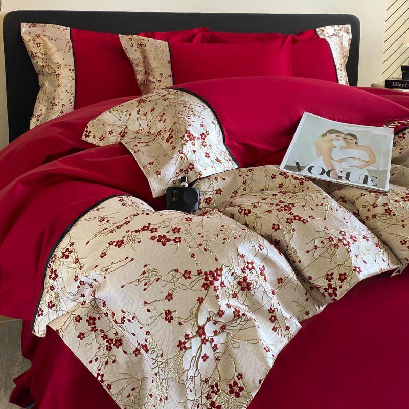 法式浪漫长绒棉纯棉婚庆四件套红色床单被套结婚床上用品婚房喜被,淘宝优惠券,粉丝福利购,淘宝优惠卷