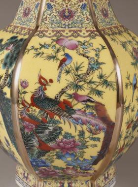清乾隆珐琅彩花鸟六方浅黄色赏瓶中式博古架仿古瓷器做旧古董摆件
