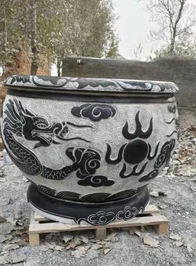 青石仿古鱼缸花盆庭院造景流水摆件石雕养鱼圆缸户外石头花盆