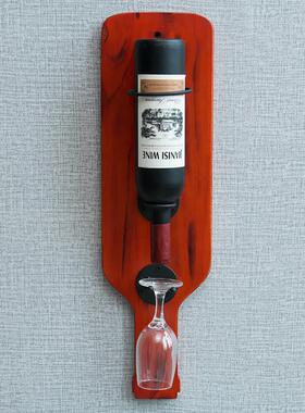 复古实木壁挂红酒架铁艺家用红酒展示架高脚杯架葡萄酒瓶架子墙上