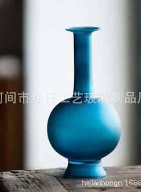 古典蓝花瓶玻璃净瓶仿宋直颈瓶仿古文人花器雀中式器皿茶空间摆件