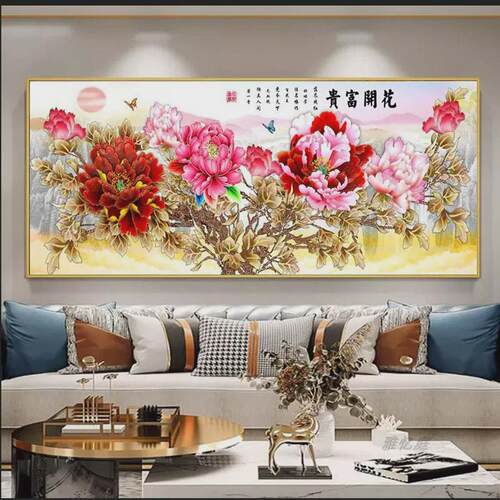 现代牡丹壁画中式客厅装饰画沙发背景墙花开富贵大气山水挂画横版 - 图0