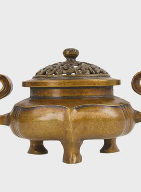 铜器黄铜复古包浆官耳铜香炉家居供奉盘香炉宏达摆件