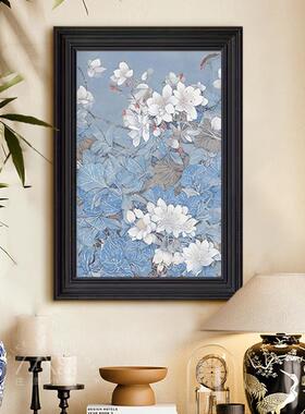新中式蓝色玉兰花客厅装饰画玄关挂画花卉卧室背景墙壁画2024新款