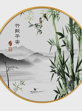 竹报平安挂画入门新中式圆形玄关装饰画茶室背景墙竹子禅意水墨画