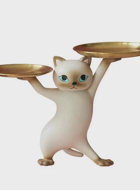 现货动物摆件妖娆猫托盘收纳客厅玄关桌面家居装饰摆件树脂工艺品