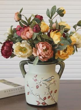 g5pa复古装饰花瓶欧式美式餐桌双耳花瓶花艺新中式茶几陶瓷花瓶