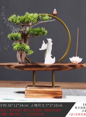 仿真崖柏迎客松摆件创意客厅玄关电视柜家居装饰禅意树根木艺产品