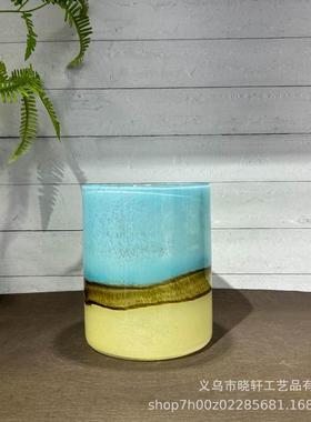 新中式双拼色直筒琉璃花瓶家居餐桌酒柜高级感摆件时尚水培插花器