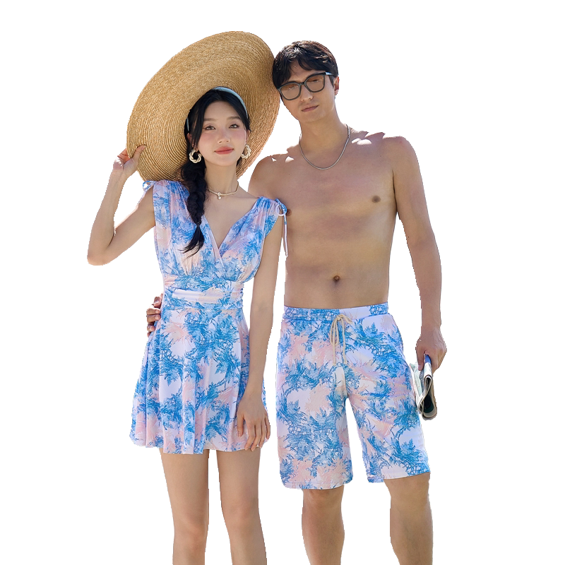 情侣游泳衣连体裙式女款平角带钢托胸垫微胖mm套装沙滩裤男款度假,淘宝优惠券,粉丝福利购,淘宝优惠卷