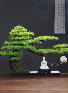 璎桓中式客厅盆景仿真迎客松绿植造景摆件办公室室内盆栽桌面玄关