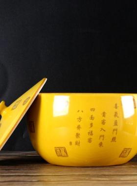景德镇聚财聚宝盆带盖子陶瓷盆存钱罐招财摆件金色黄色陶瓷罐子
